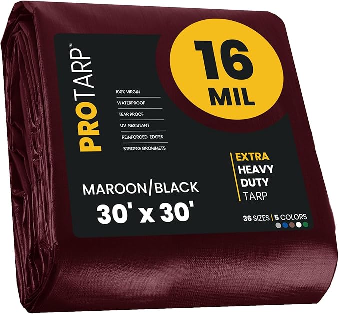 PROTARP Extra Heavy Duty 16 Mil Tarp Cover, Waterproof, UV Resistant, Rip and Tear Proof, Poly Tarpaulin with Reinforced Edges for Roof, Camping, Patio, Pool, Boat. (Maroon/Black 30′ X 30′)