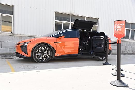 41" Black Crowd Control Stanchion Set, Stable Heavy-Duty Rubber Base with 10 Feet Retractable Belt Crowd Control Barriers, Retractable stanchions for Outdoor Safety (6 Pack)