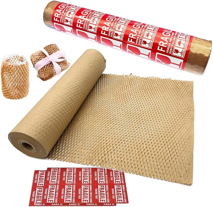 Honeycomb Packing Paper 12" W x 60' L Packing Paper for Moving Products & Gifts Honeycomb Wrapping Paper Recyclable and Biodegradable Cushioning Packing Material with 20 Fragile Stickers