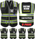 BeautyWill ANSI Certified Custom Logo Safety Vest 8-Pockets Class2 High Visibility Reflective Vest for Men - Personalized Logo Heavy-Duty Work Vest（Black，5Pack，L）