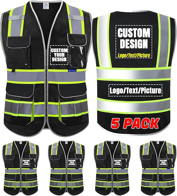 BeautyWill ANSI Certified Custom Logo Safety Vest 8-Pockets Class2 High Visibility Reflective Vest for Men - Personalized Logo Heavy-Duty Work Vest（Black，5Pack，XXL）