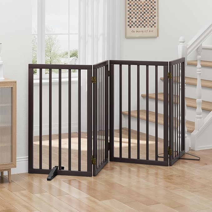 Dog Gates for Doorways, Tall Dog Gate Indoor, Foldable Pet Gates for Doorways Bedroom, Freestanding Puppy Gate with Metal Support Feet, Room Divider, 4 Panels (Brown)