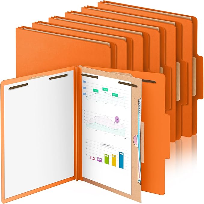 Skyygemm 12 Pack Classification Folders Letter Size Bulk with Divider and 2" Expansion, Pressboard Folder with 2 Prong Fasteners for Teachers, Clergy, Office, Church, Christmas Donations(Orange)