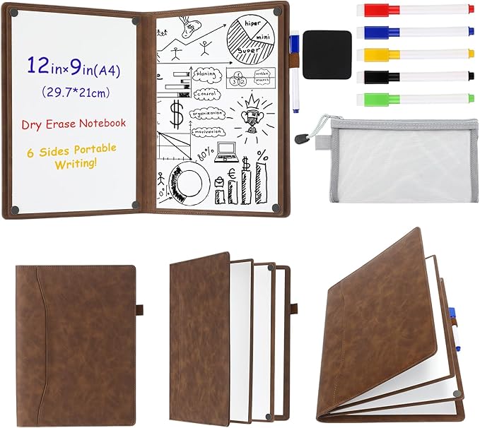 6 Sides Whiteboard Notebook Portable Whiteboard Dry Erase Notebook Portable Dry Erase Board Double Sided Folding Whiteboards White Board for Office Study Meeting(Brown,A4: 9"×12”)