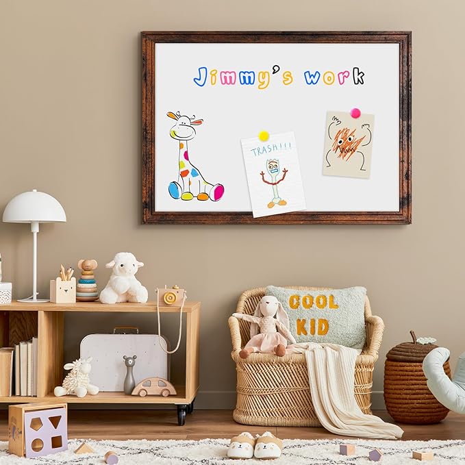 4 THOUGHT Dry Erase Board, 36" x 24" Magnetic Whiteboard Brown Vintage Wood Frame Wall-Mounted White Board Decorative Notice Board School, Office, Home, 8 Magnets 4 Markers 1 Eraser
