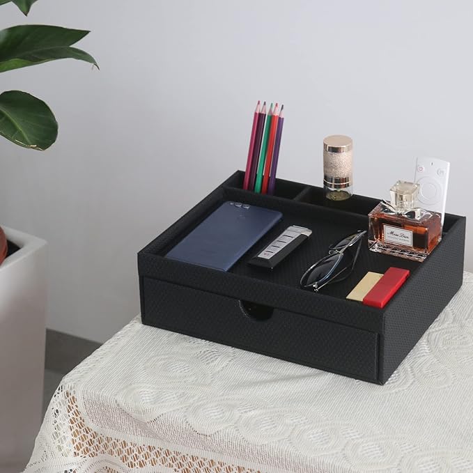 Leather Desk Organizer With Drawers, Home Cosmetics Organizer, Phone Remote Organizer, Drawer Plus Divider & Tray (black)
