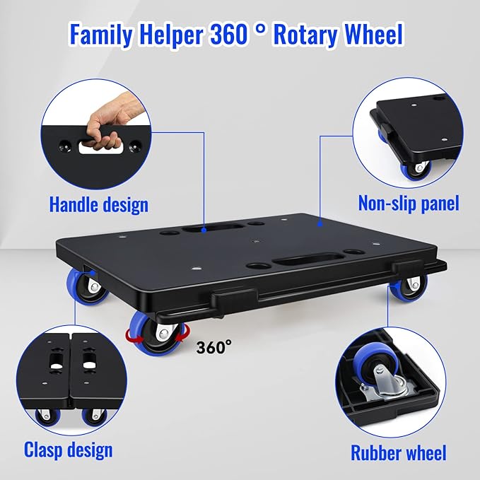 Furniture Dolly,Moving Dolly 4 Wheels Heavy Duty,16in-11in 500lbs Capacity,Furniture Movers Dollys with Wheels,4 Wheels Small Flat Dolly Cart, 2 Pack, Black,Blue Wheel