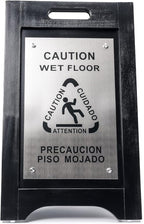 Premium Wooden Caution Wet Floor Sign – Bilingual w/ Non-Skid Plastic Feet – For Hotels, Schools, Offices, Areas, Restrooms, Pool Decks & Shops - Black Wood/Brushed Nickel Plate