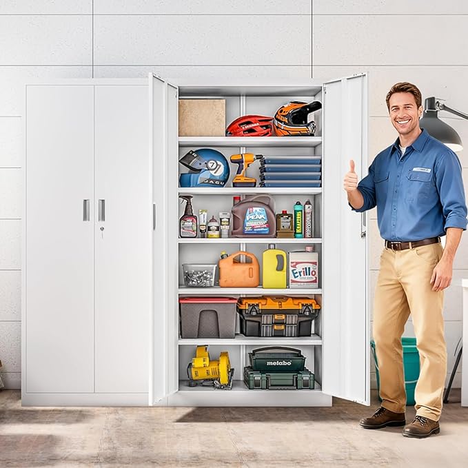 Metal Storage Cabinet, 71 Inch Tall Metal Storage Cabinet with Doors and Shelves, Pantry Cabinets for Kitchen Storage, Garage Cabinet for Living, Dining Room, Assemble Required
