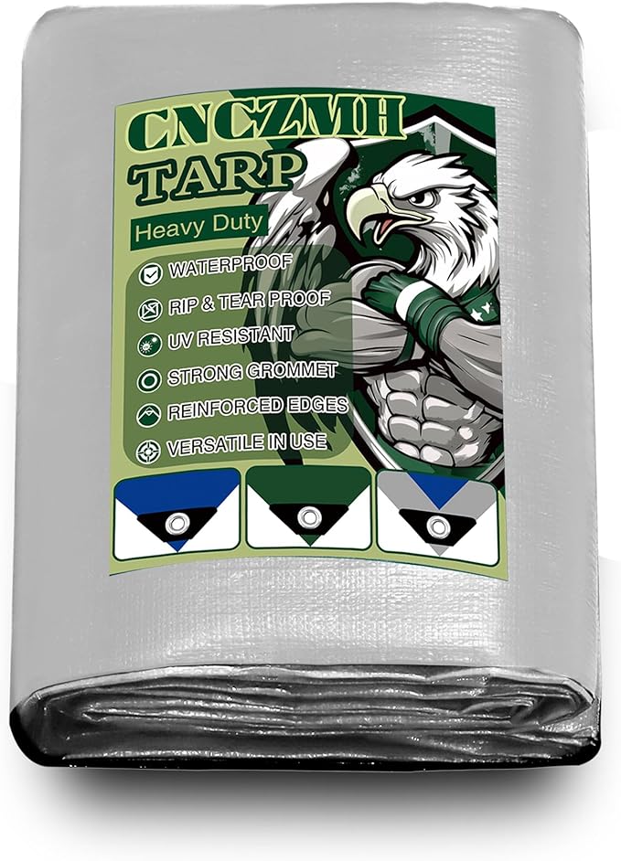 Heavy Duty Tarp Waterproof 9x12 Feet, 10 Mil Thick Silver Blue Poly Tarps Outdoor, Metal Grommets, Reinforced Edges, Multipurpose Tarpaulin Cover for Camping, Boat, Swimming Pools