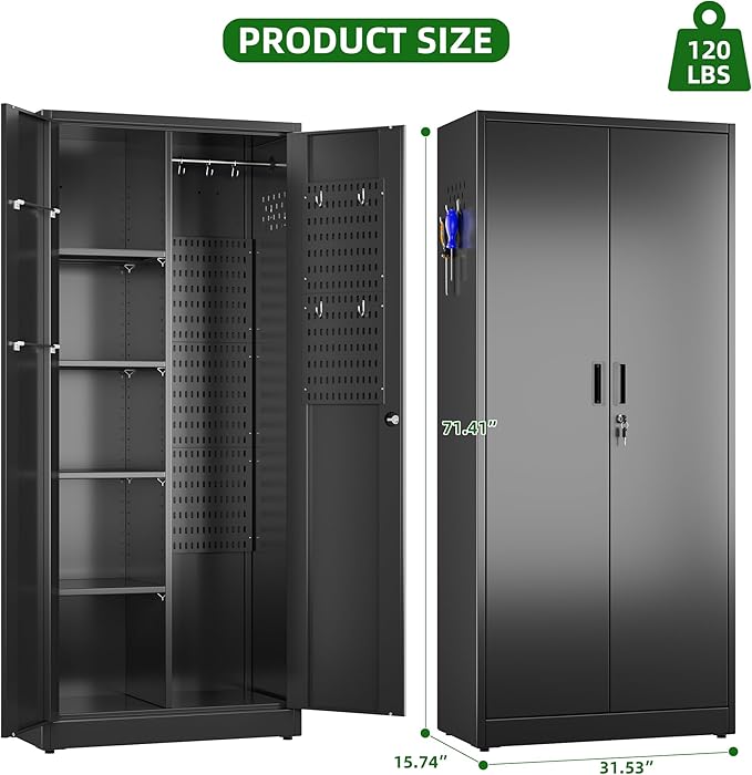 Broom Closet Storage Cabinet with 5 Pegboard, Hanging Rod &13 Hooks, Utility Metal Garage Storage Cabinets with Doors and 4 Shelves for Garage Home Office, Black,71.4" H x 31.5" W x 15.7" D