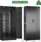 Broom Closet Storage Cabinet with 5 Pegboard, Hanging Rod &13 Hooks, Utility Metal Garage Storage Cabinets with Doors and 4 Shelves for Garage Home Office, Black,71.4" H x 31.5" W x 15.7" D