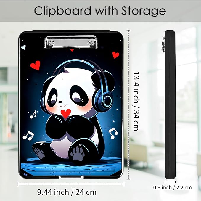 Clipboard with Storage,Office Supplies Nursing Clipboards Folder with Pen Holder Plastic Foldable Clip Board with Storage for Nurse Teacher,Cute Music Panda