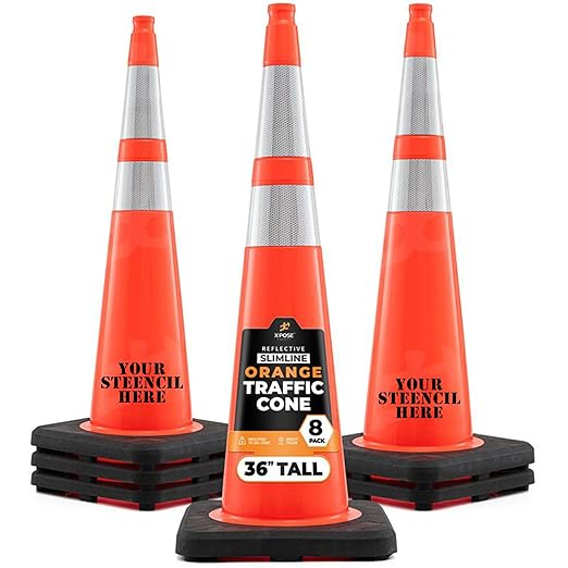 Xpose Safety 36 Inch Orange Slim Line Traffic Cones with 6" & 4" Collars, 8 Pack Multipurpose PVC Plastic Safety Cone for Parking, Soccer, Caution, Kids & Construction - DOT Approved