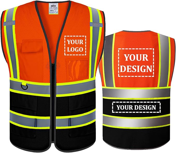 BeautyWill Custom Safety Vest Customized Logo Mesh Vest Class2 High Visibility Reflective Vest with Pockets Orange Workwear（Orange Black，XXL ）