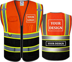 BeautyWill Custom Safety Vest Customized Logo Mesh Vest Class2 High Visibility Reflective Vest with Pockets Orange Workwear（Orange Black，M ）