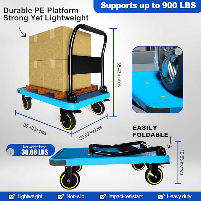 WUD Foldable Hand-Push Platform Truck with Brake, 360-Degree Swivel Wheels, 35.4”L x 23.6”W, 880 lb Load Capacity, Suitable for Luggage, Travel, Moving, Shopping, Office, Home Garden, Blue