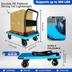 WUD Foldable Hand-Push Platform Truck with Brake, 360-Degree Swivel Wheels, 35.4”L x 23.6”W, 880 lb Load Capacity, Suitable for Luggage, Travel, Moving, Shopping, Office, Home Garden, Blue