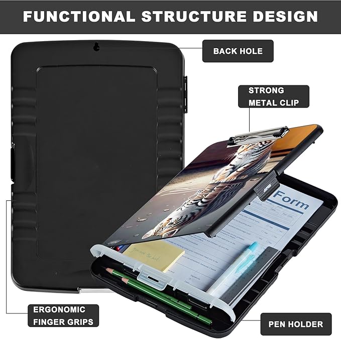 Clipboard with Storage,Heavy Duty Plastic Storage Clipboard with Low Profile Clip,Teacher Must Haves,Office Supplies,Cute Tiger