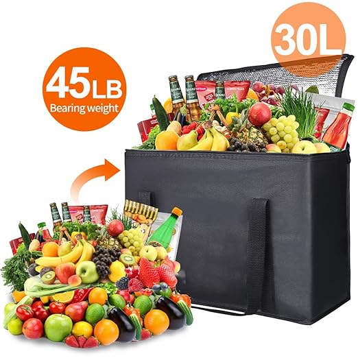 4-Pack Insulated Reusable Shopping Grocery Bags, X-Large Soft Cooler Bag Insulated, Boadon Collapsible Grocery Shopping Tote Bags for Food Delivery, Portable Softside, Black