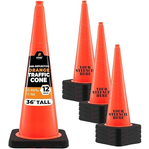 Xpose Safety 36 Inch Orange Traffic Cones Heavy Duty 12lb, 12-Pack - Multipurpose PVC Plastic Safety Cone for Parking, Soccer, Caution, Kids and Construction - DOT Approved