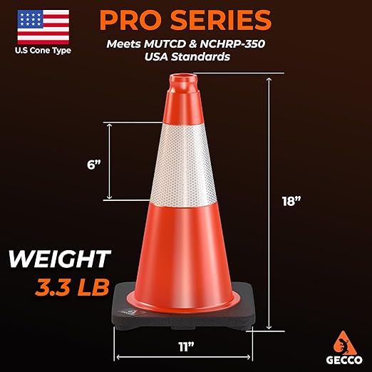 GECCO ™ (640 Cones per Pallet) 18 Inch 3.3 Lb Small Orange Traffic Cones in Bulk | Wholesale Safety Cones, Orange Cones, Parking Cones, Construction Cones | PVC Plastic & Black Base - [PRO Series]