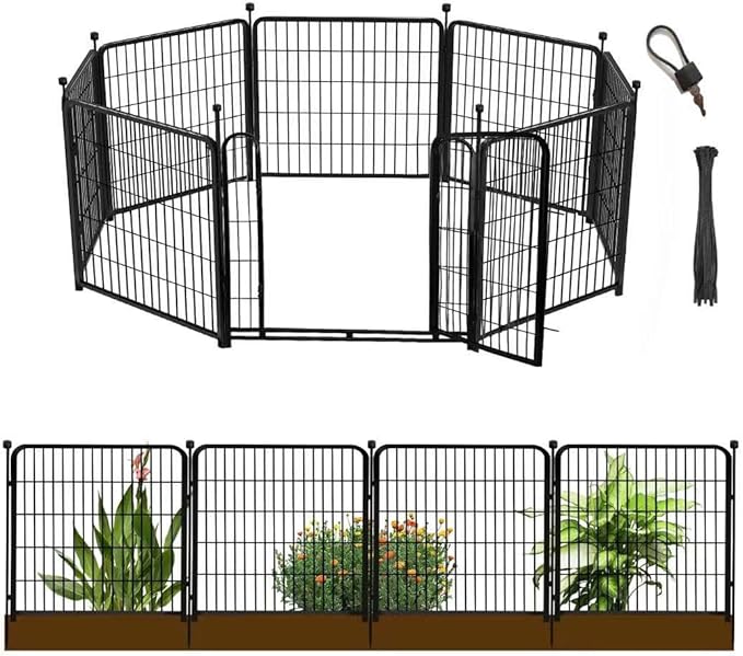 36 in(H) Garden Fence With Gate, Wide Gate Low Threshold, 8 Panels Total 17.7 ft(L) Heavy Duty Iron Animal Barrier Fence For Yard, Suitable For Indoor Or Outdoor Dog Fencing,Garden Border Fence