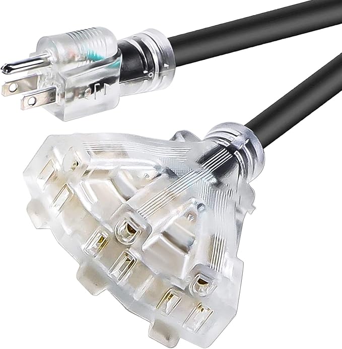 25FT 12/3 Extension Cord Heavy Duty Black 3-Outlet Indoor/Outdoor SJTW Lighted 12-Gauge Grounded Power Cable,12AWG 15 Amp, 1875 Watts，UL Listed，Safety