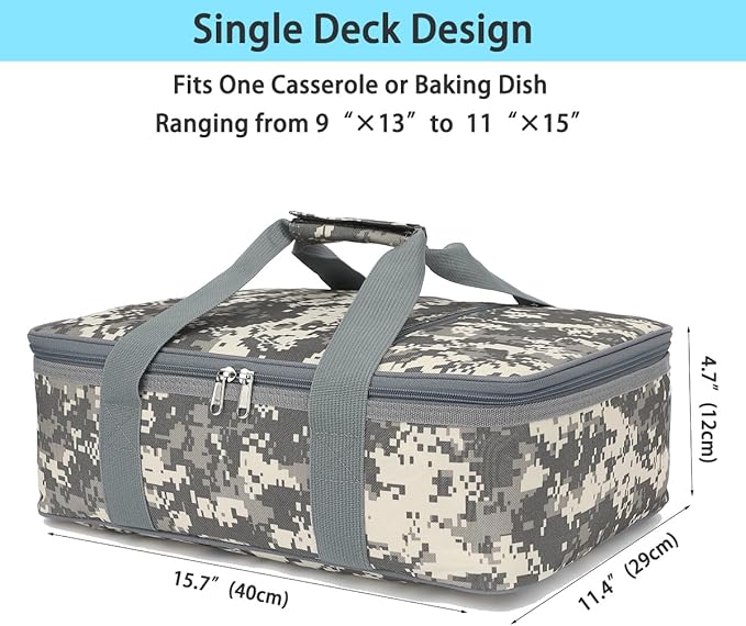 Insulated Casserole Carrier Bag - Large Portable Hot and Cold Food Storage Tote with Handles Thermal Bag for Parties, Picnics, Camping, Travel,Fits 9"x13" Baking Dish,Camo