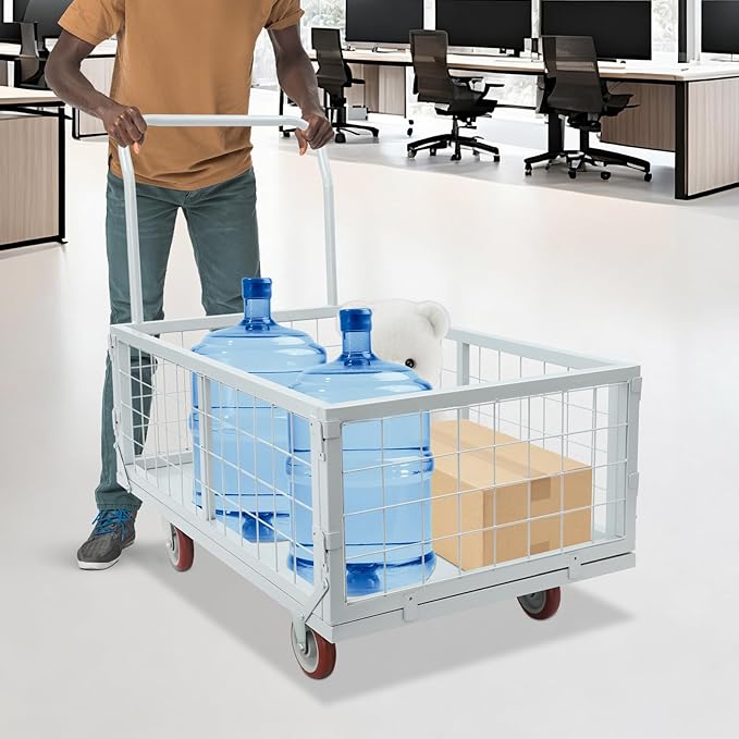 4-in-1 Platform Truck Cart, Foldable Hand Truck with Cage, Heavy Duty Platform Truck Cart with Casters for Laundry/Groceries/Garage/Warehouse, 2200 lbs Capacity