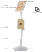 M&T Displays Curved Menu Board, 8.5x11 Inch Pedestal Sign Holder with 8.5x11 Inch Brochure Holder Silver Floor Standing Aluminum Front Loading Easy Open Poster Message Advertisement Post