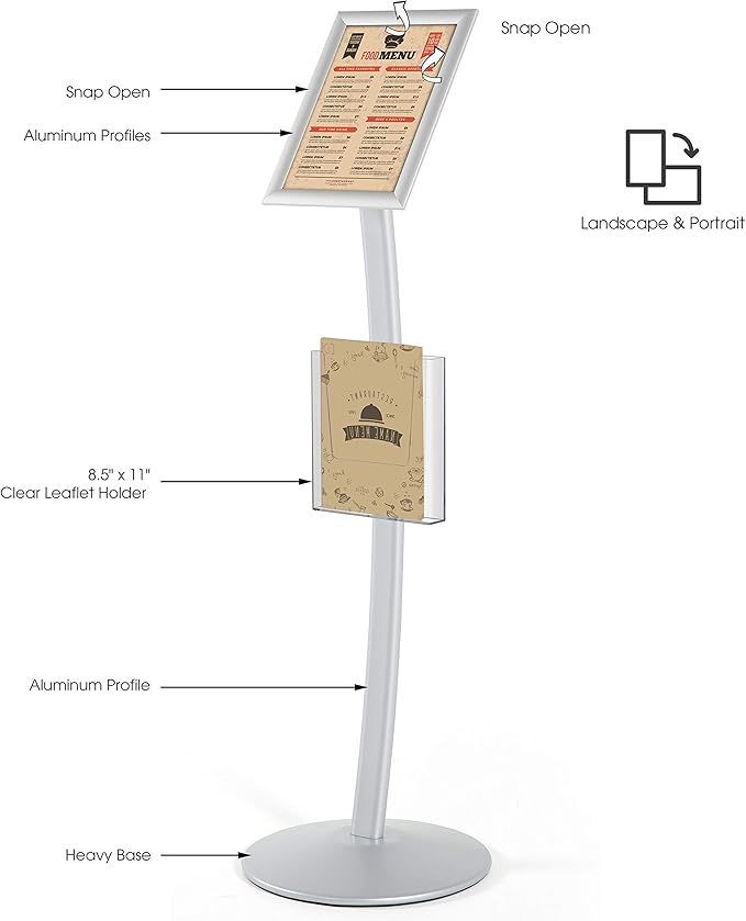 M&T Displays Curved Menu Board, 8.5x11 Inch Pedestal Sign Holder with 8.5x11 Inch Brochure Holder Silver Floor Standing Aluminum Front Loading Easy Open Poster Message Advertisement Post