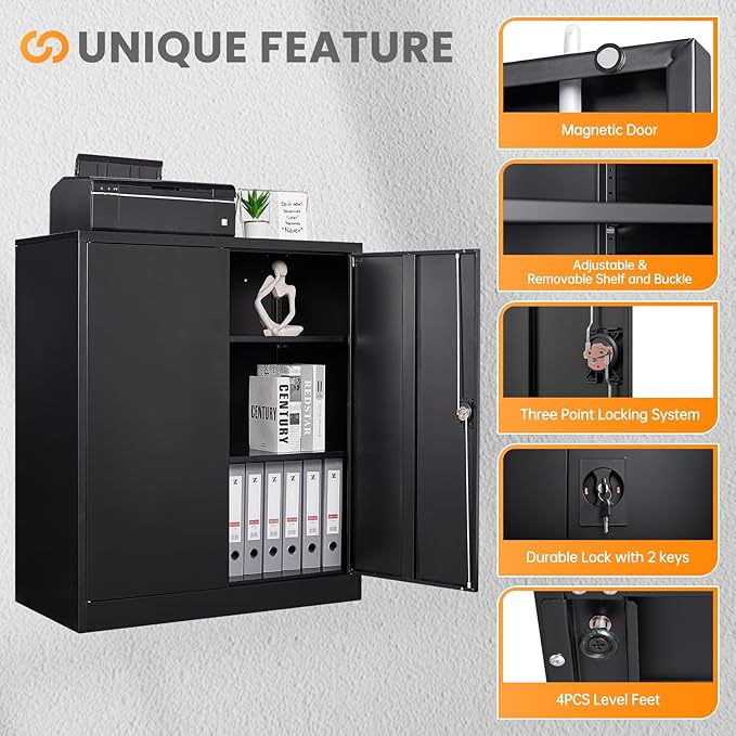 Metal Garage Storage Cabinets with Lock, 36" Tall Tool Cabinet with 2 Door and 2 Adjustable Shelves, Locking Garage Cabinets and Lockable Steel Locker for Home Office Warehouse - (Black-36”H)