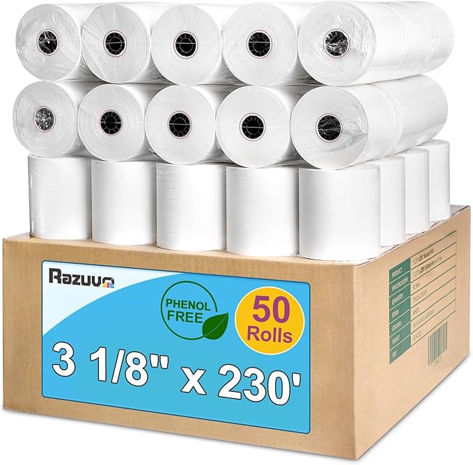 3 1/8 x 230 Thermal Paper Rolls, BPA BPS Phenol Free - 50 Count for POS Systems and Credit Card