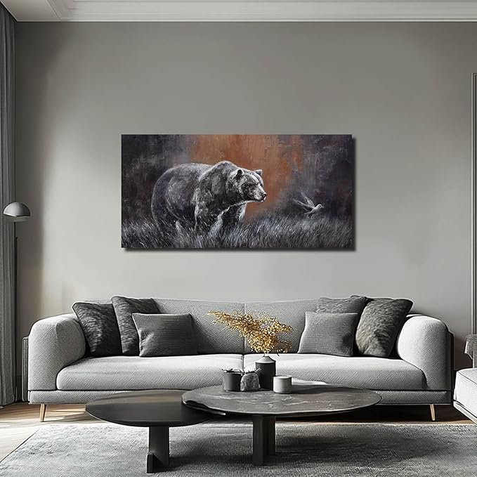 ZHENGYIN Grizzly Bear & Bird Canvas Wall Art,Black and White Wildlife Artwork, Warm Earth Tone Glow, Rustic Western Farmhouse Wall Decor for Entryway Bedroom, Over Console, 20x40 Inch