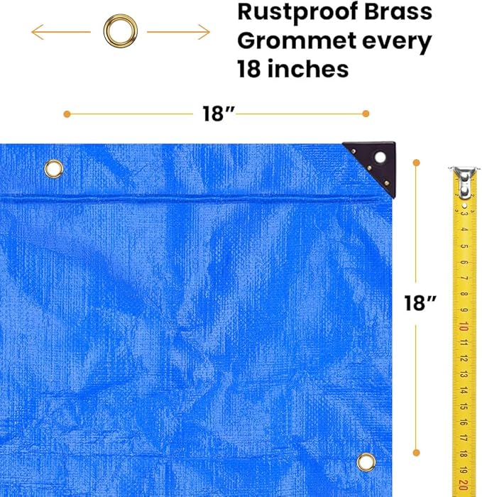WHITEDUCK 12' x 20' Super Heavy Duty Poly Tarp Thick 16 Mil, Waterproof 100% UV Resistant Rip/Tear Proof Tarp w/Rustproof Grommets & Reinforced Edges (Blue,16 mil Finished Size: 11'6"x19'6")