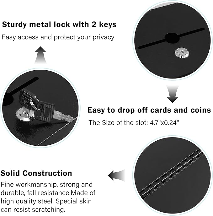 xydled Wall Mounted Suggestion Box with Key Lock, Metal Donation/Ballot/Voting/Collection/Key Drop Box with 50 Free Suggestion Cards , Black, 8.7"x 5.9"x7.1"