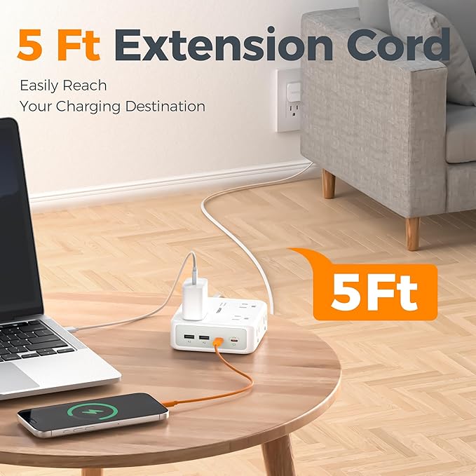 TESSAN Surge Protector Power Strip, 5 Ft Extension Cord Flat Wall Plug with 4 USB (2 USB C) 8 Outlets, 2100J Dual Surge Protection, 20W Multiple Charging Station for Home, Office, College, Dorm Room