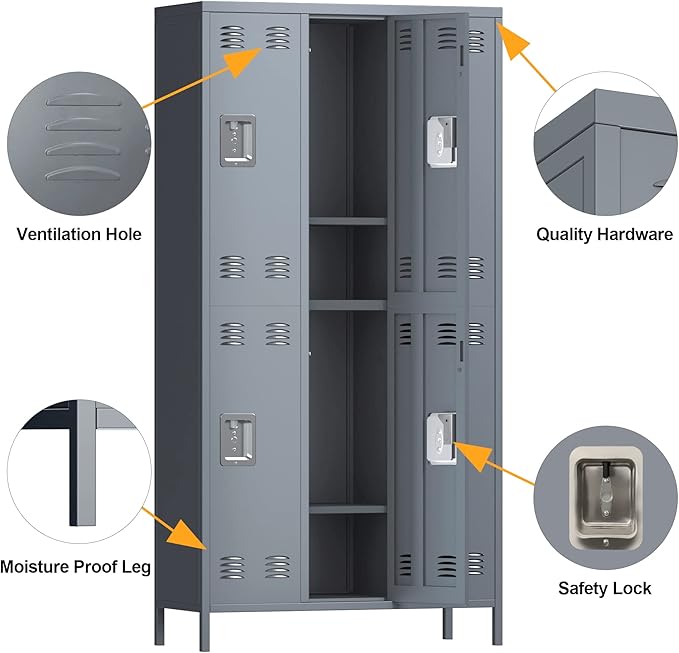Employees Locker, 72" inch Tall Metal Storage Locker with 6 Doors for School Hospital Garage Gym Home Office with 12 Hooks, Requires Assembly(Light Gray)