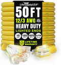 50ft Outdoor/Indoor Extension Cord 3-Outlet 12/3 Gauge Extra Heavy Duty ETL Listed, 3 Prong SJTW, Waterproof, Flexible Cold-Resistant Long Power Cord,15A 125V 1875W, Yellow by LifeSupplyUSA