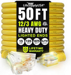 50ft Outdoor/Indoor Extension Cord 3-Outlet 12/3 Gauge Extra Heavy Duty ETL Listed, 3 Prong SJTW, Waterproof, Flexible Cold-Resistant Long Power Cord,15A 125V 1875W, Yellow by LifeSupplyUSA