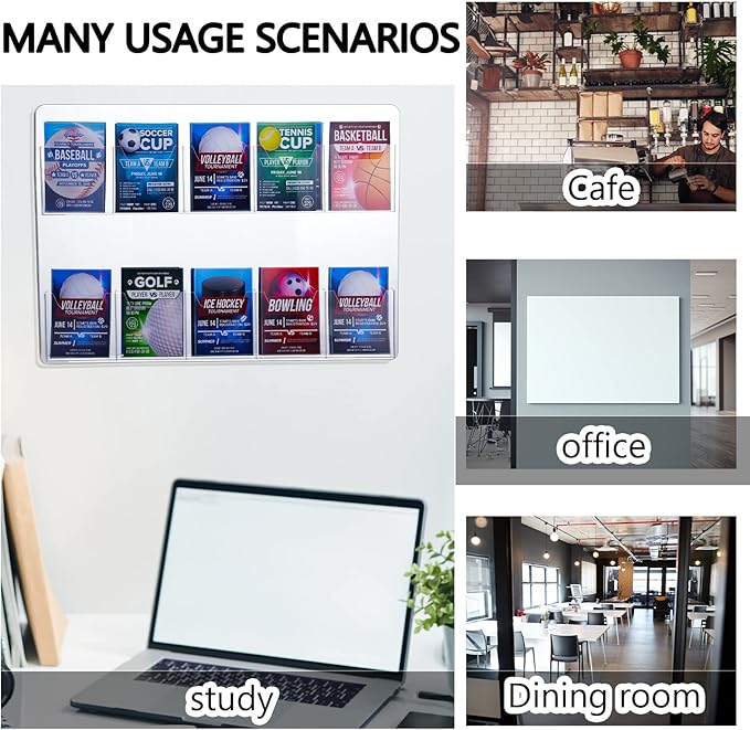 Eersida 10 Pockets Acrylic Brochure Pamphlet Holder Brochure Display Stand Business Tri Fold Multi Slot Holder Rack Wall Mount Clear Pocket Space Saver for Flyer Literature Menu Advertise