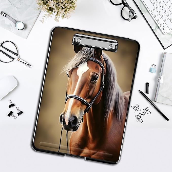 Clipboard with Storage,Office Supplies Nursing Clipboards Folder with Pen Holder Plastic Foldable Clip Board with Storage for Nurse Teacher,Beautiful Horse