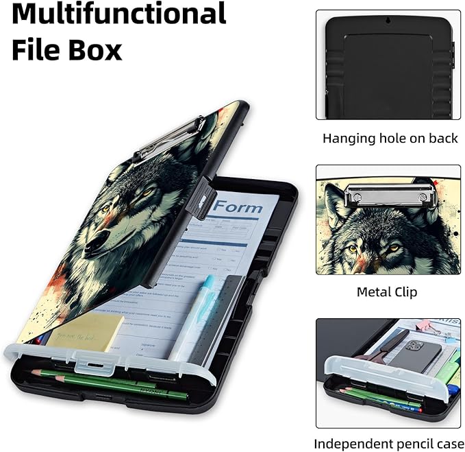 Clipboard with Storage Box & Pen Holder,Heavy Duty Clip Boards 8.5x11 for Nursing,High Capacity,School & Office Supplies,Wolf Art