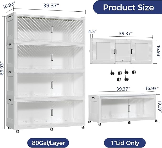 320Gal Extra Large Stackable Storage Bins with Lid, 1280Qt Collapsible Storage Box with Wheels, Closet Organizers and Storage Cabinet Container for Home, Kitchen, Office, 4Pack White Clear