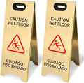 2 Pack Stainless Steel Wet Floor Sign, 24 Inch Caution Wet Floor Sign Portable Foldable Bilingual Safety Warning for Hotel Market Restroom Restaurant Office (Gold)