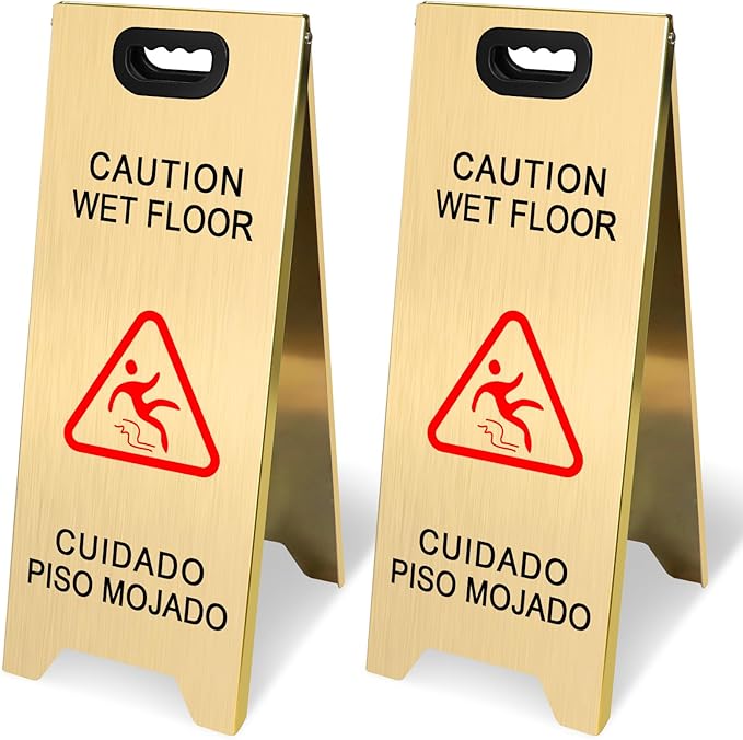 2 Pack Stainless Steel Wet Floor Sign, 24 Inch Caution Wet Floor Sign Portable Foldable Bilingual Safety Warning for Hotel Market Restroom Restaurant Office (Gold)