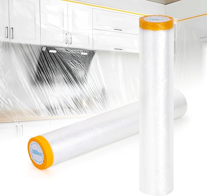 Pre-Taped Masking Film 2 Pack Each 10 x 65 feet Rolls, Tape and Drape, Painters Plastic Sheeting Drop Cloth for Automotive Painting Covering, House Decoration Furniture Floor Dustproof Cover