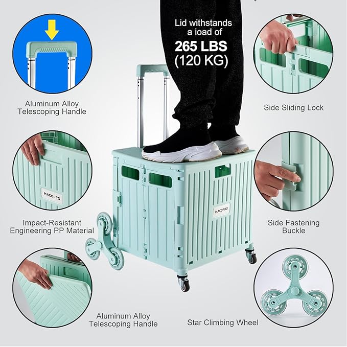 Foldable Utility Cart with Stair Climbing Wheels, Collapsible Rolling Crate with Telescoping Handle, Shopping Trolle Handcart Grocery Book File Tool Art Supplies Teacher Storage Basket(Green)