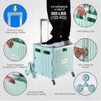 Foldable Utility Cart with Stair Climbing Wheels, Collapsible Rolling Crate with Telescoping Handle, Shopping Trolle Handcart Grocery Book File Tool Art Supplies Teacher Storage Basket(Green)